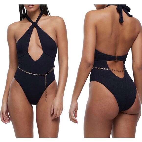 River Island Textured Chain Black One Piece Swimsuit Size 12 - Picture 1 of 8